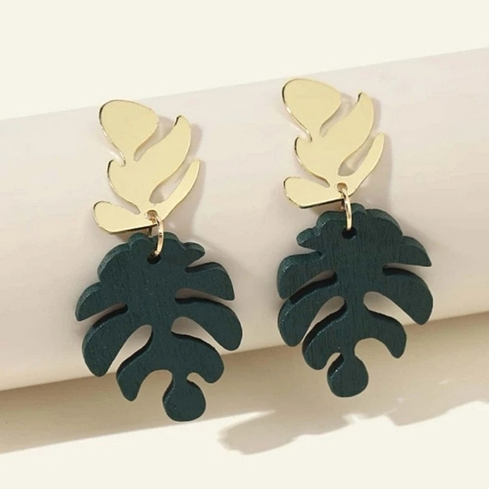 Tropical Gold and Wooden Green Monstera Leaf Drop Dangle Earrings